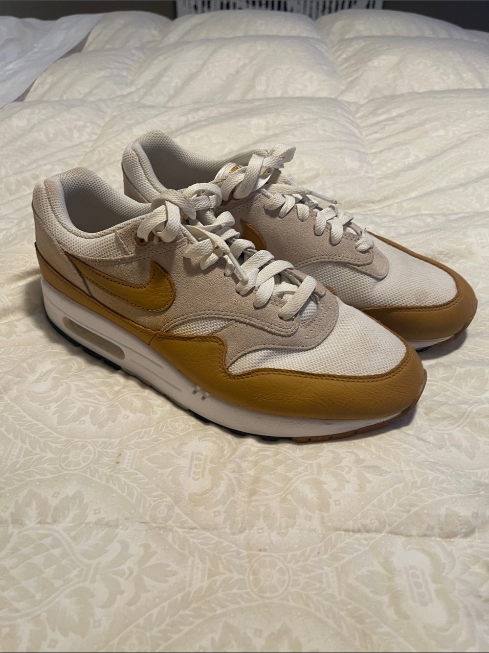 Nike Men’s AirMax 1 Sneakers in Off-White and Mustard